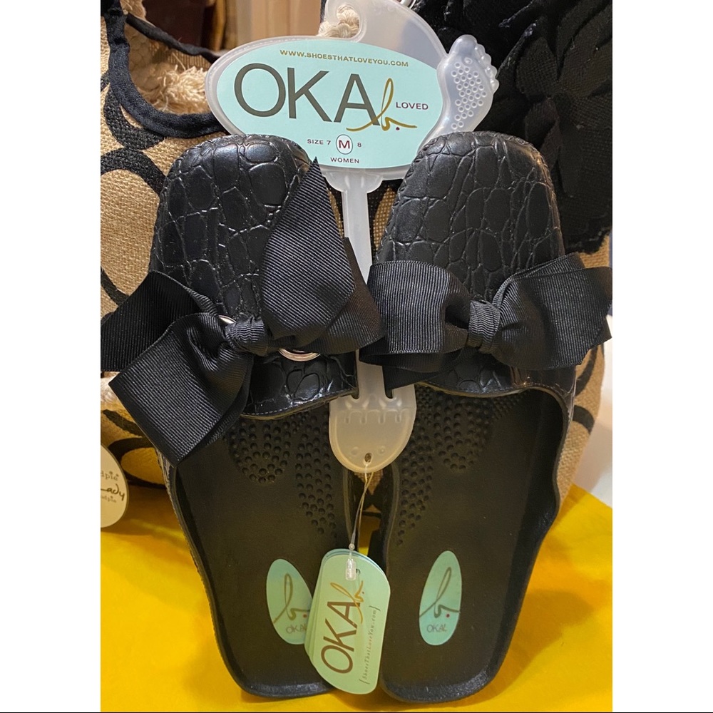 OKA b Black Mule Slip-Ons with Bow NWT